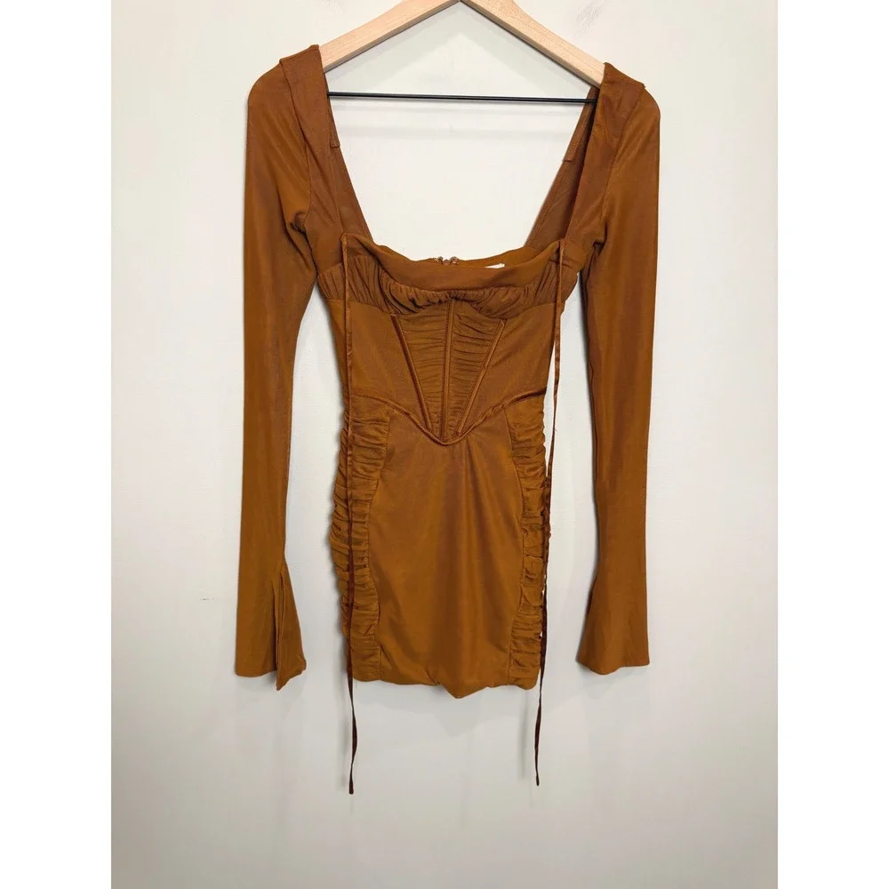 Oh Polly Corset Long Sleeve Mesh Mini Dress Baddie Hot Rouched Sheer Brown 2 - Picture 2 of 13